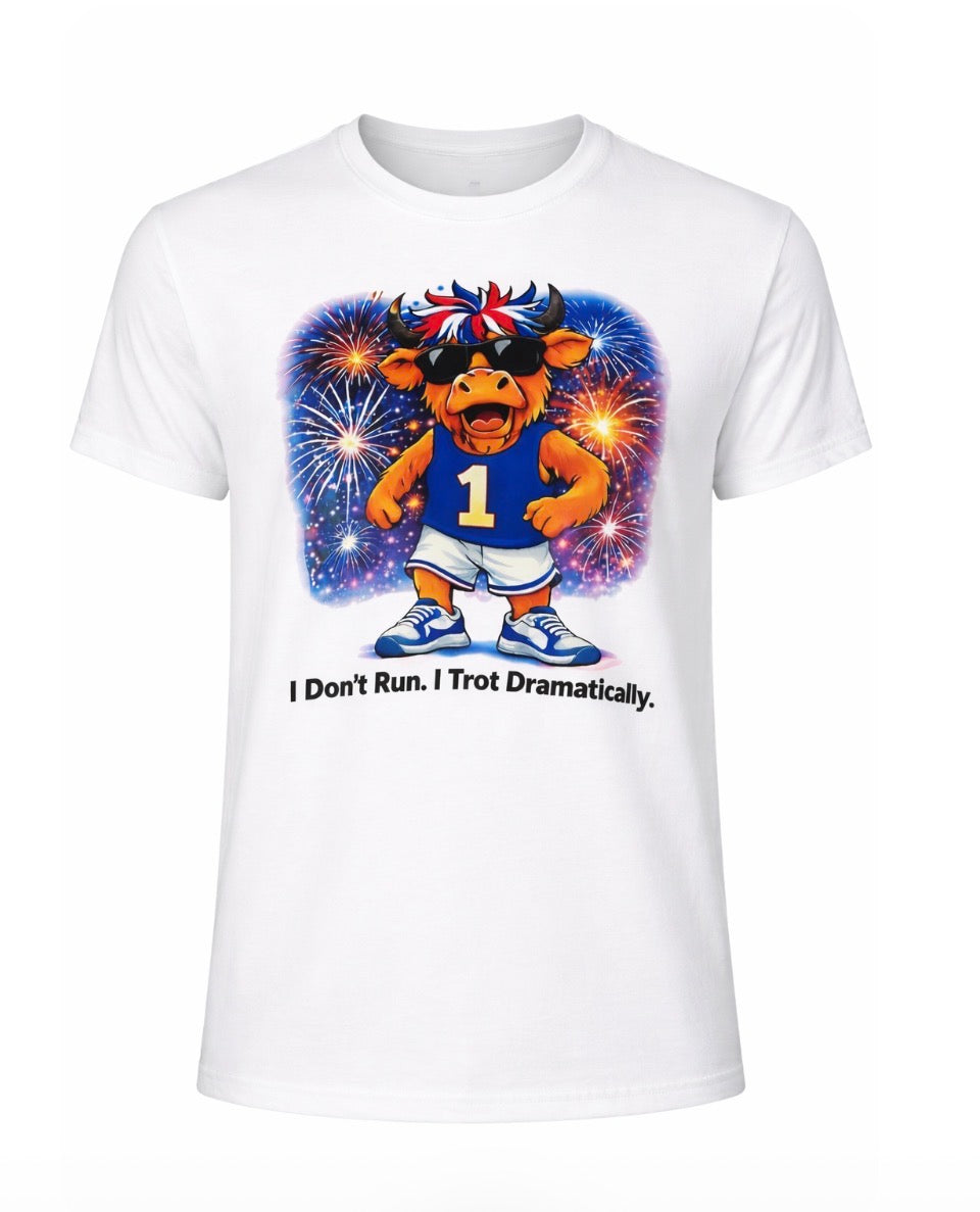 PATRIOTIC RUNNING HIGHLAND COW-SHORT SLEEVE T-SHIRT